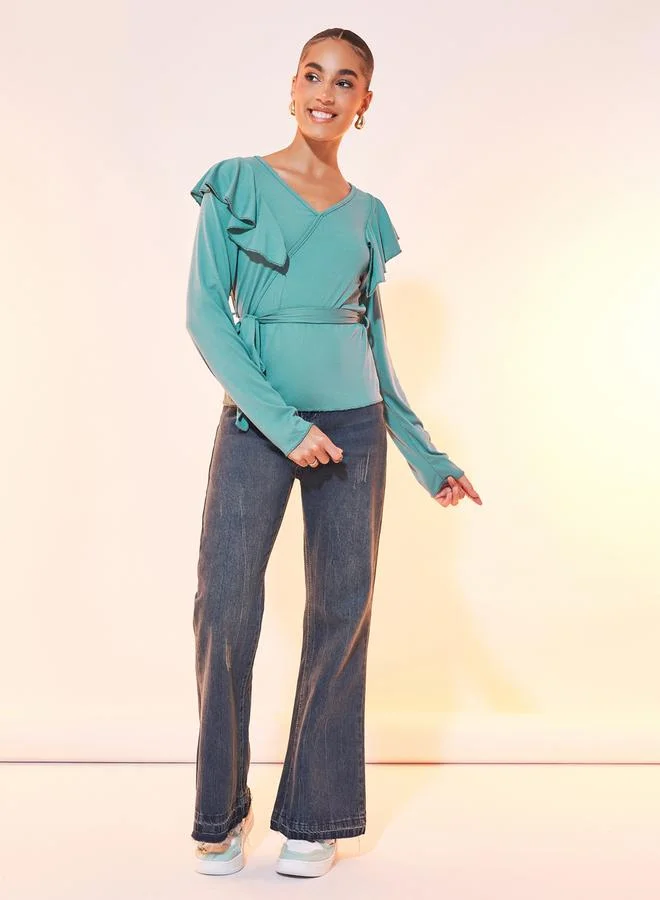 Take Two Ruffled Detail Long Sleeve Top with Waist Tie Detail